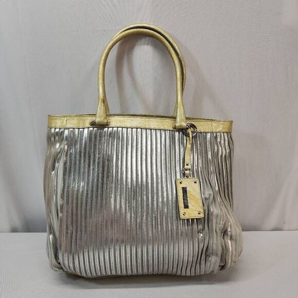 Gambini Luxury Pleated Leather XL Tote Metallic Silver Women's Handbag - Picture 1 of 9